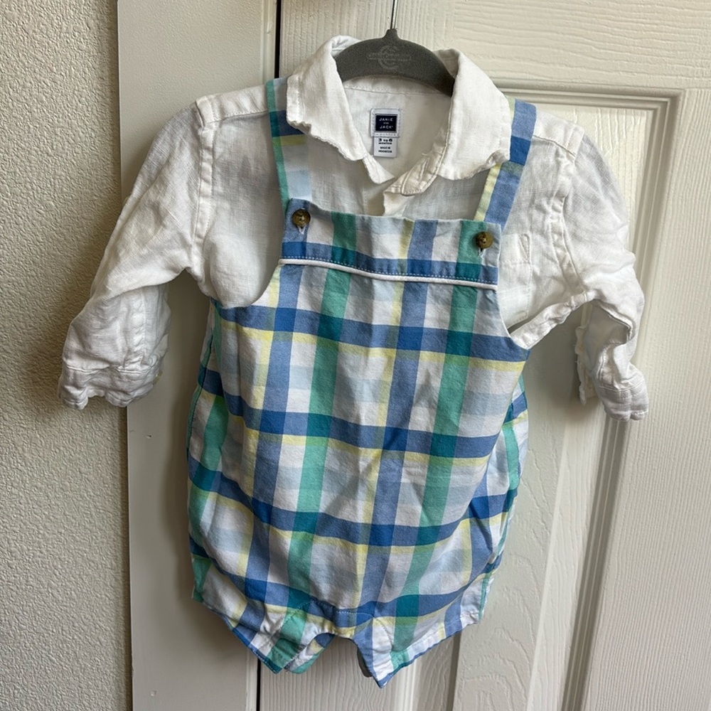 Janie and jack Plaid overall and white shirt set